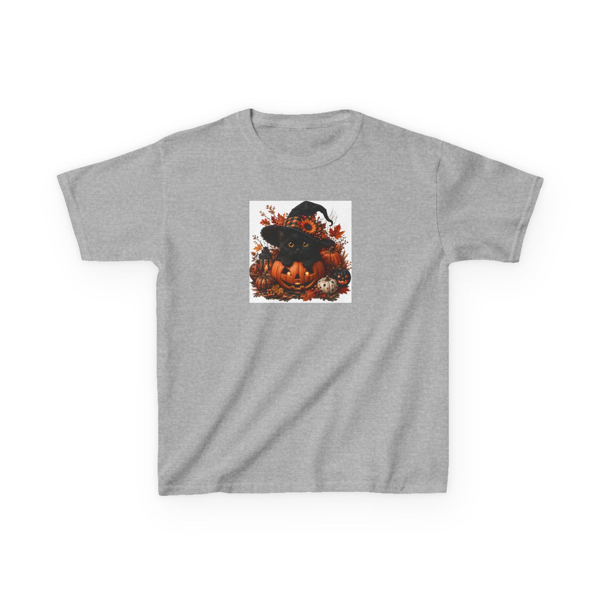 Kids Tee — Halloween Black Cat with Witch Hat & Pumpkins