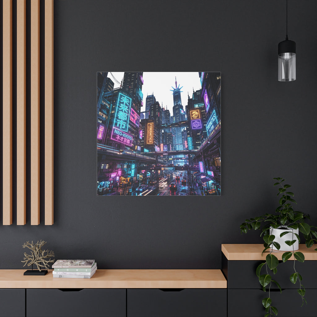 Neo-Kyoto Cyberpunk City Matte Canvas Print