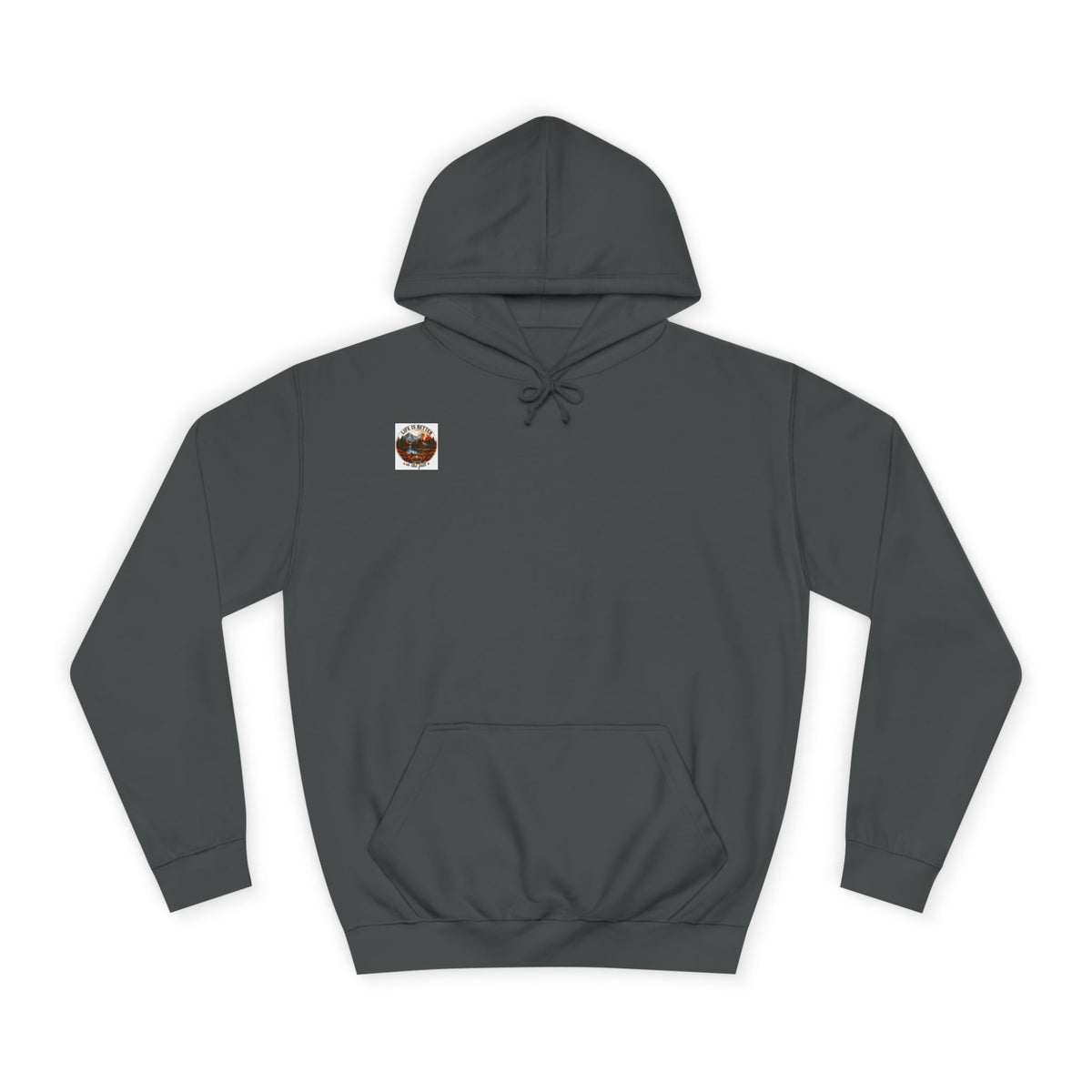 Charcoal pullover hoodie with hood, drawstrings, kangaroo pocket, and small back logo