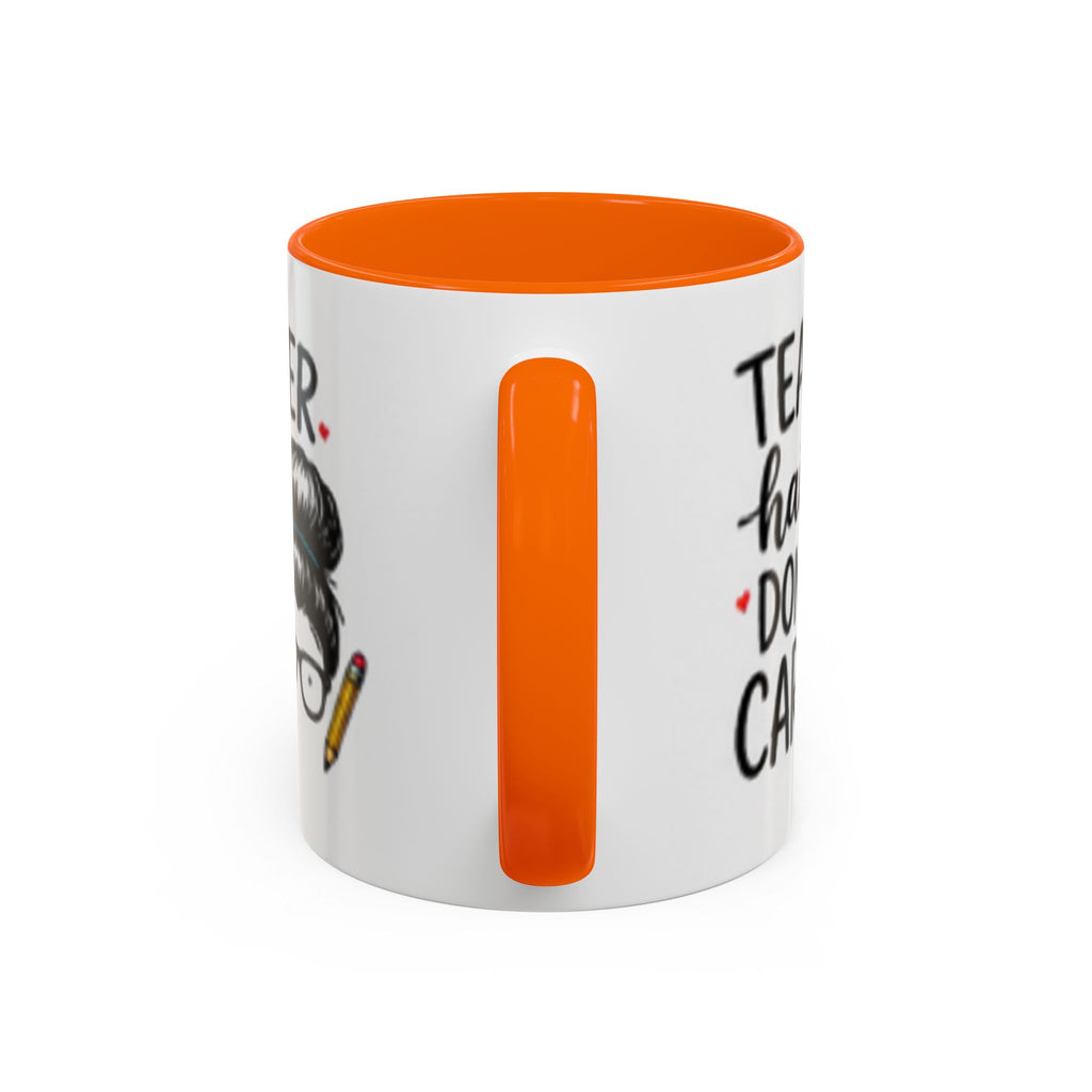Coffee mug with white body, orange rim, and tall orange vertical accent letter I