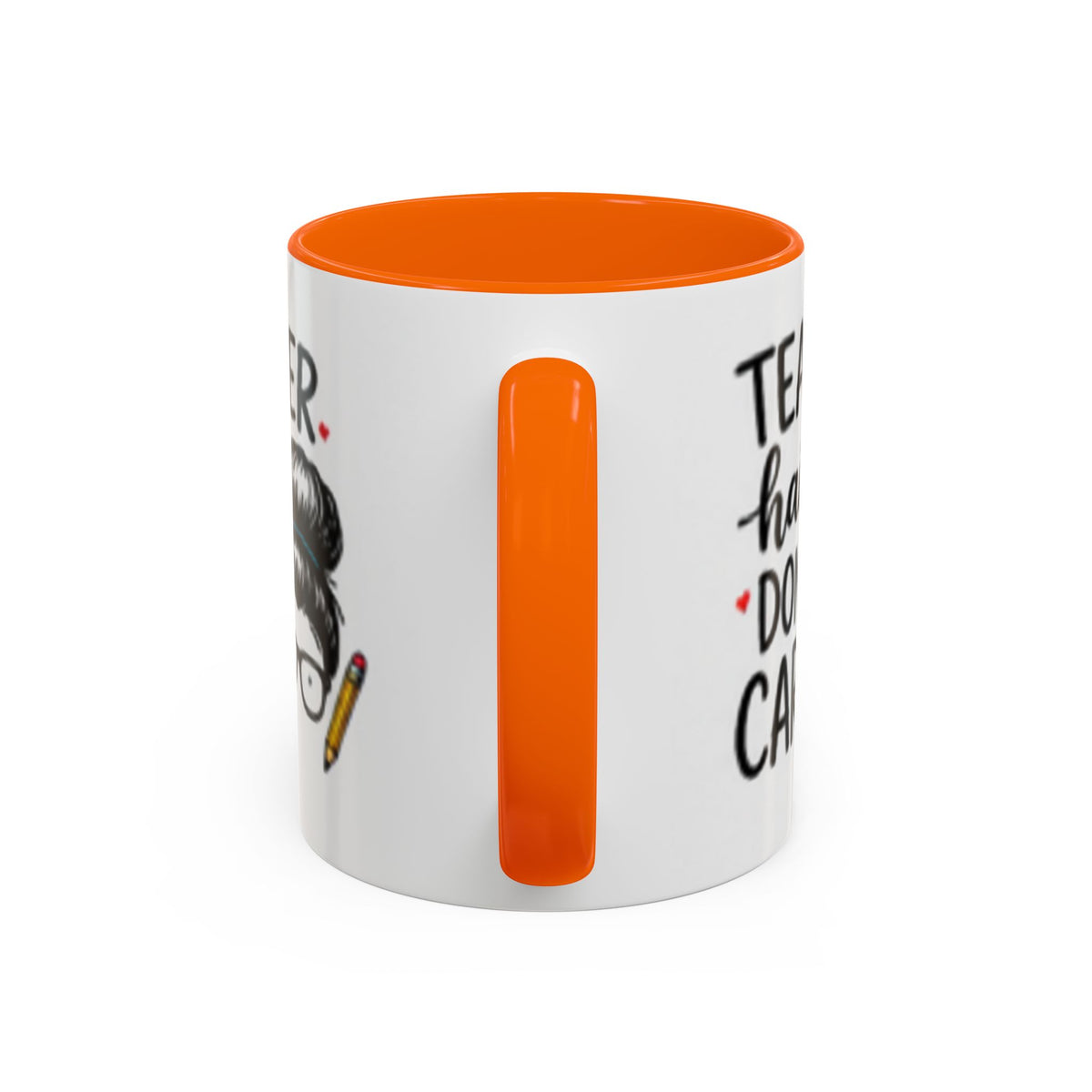 Coffee mug with white body, orange rim, and tall orange vertical accent letter I