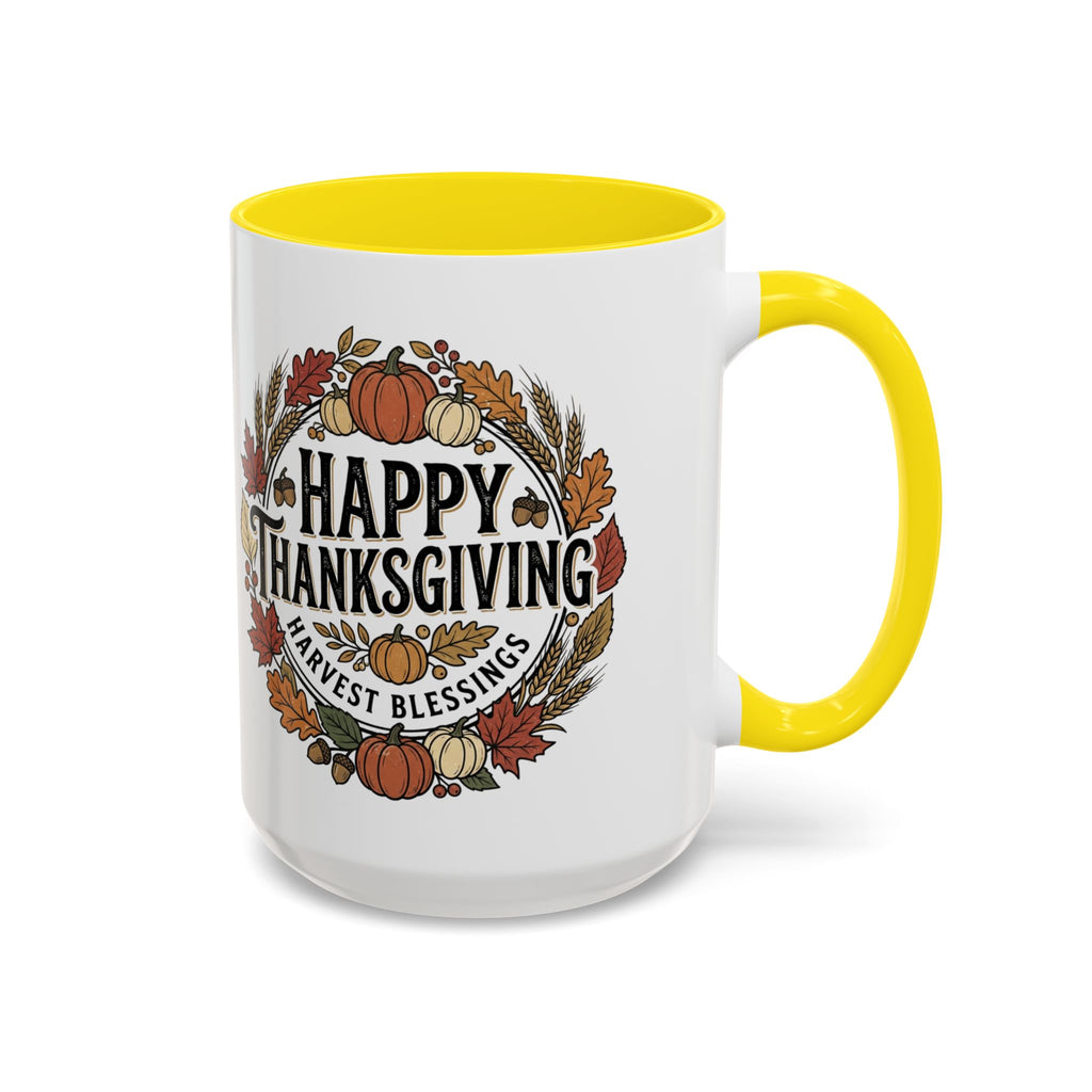 Happy Thanksgiving Accent Coffee Mug — "Harvest Blessings" Fall Pumpkin Wreath (11/15 oz)