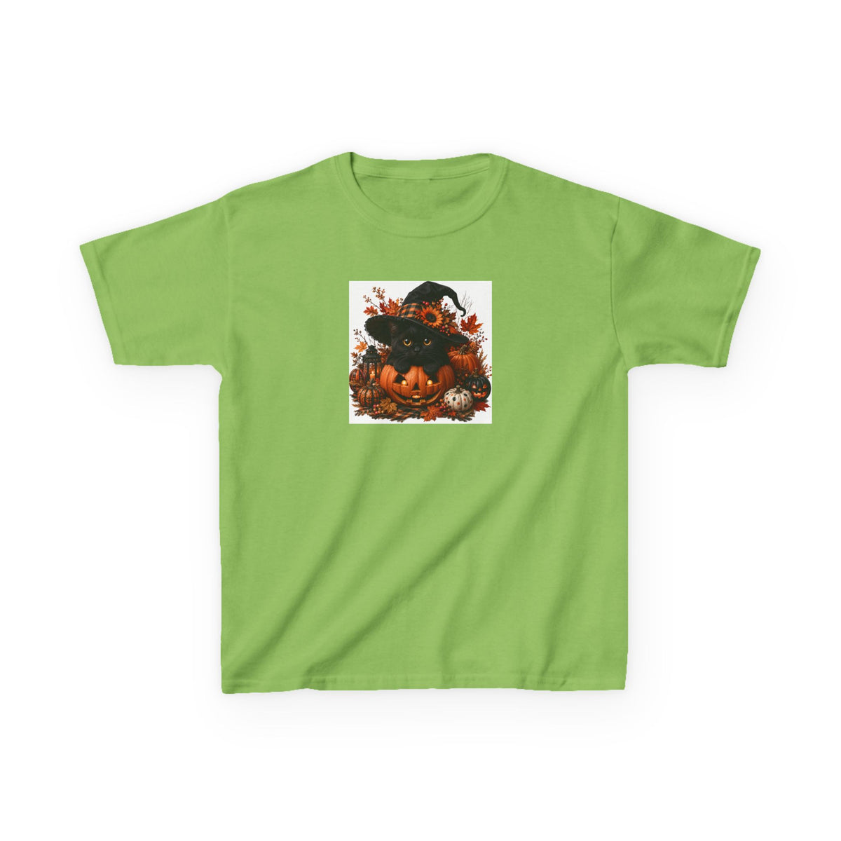 Kids Tee — Halloween Black Cat with Witch Hat & Pumpkins
