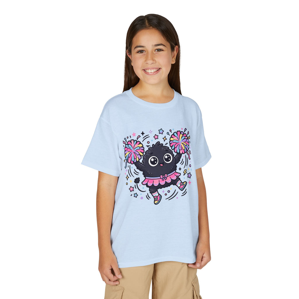 Cute Black Kitty Cheerleader Youth T-Shirt — Pom-Pom Dancing Cat Tee
