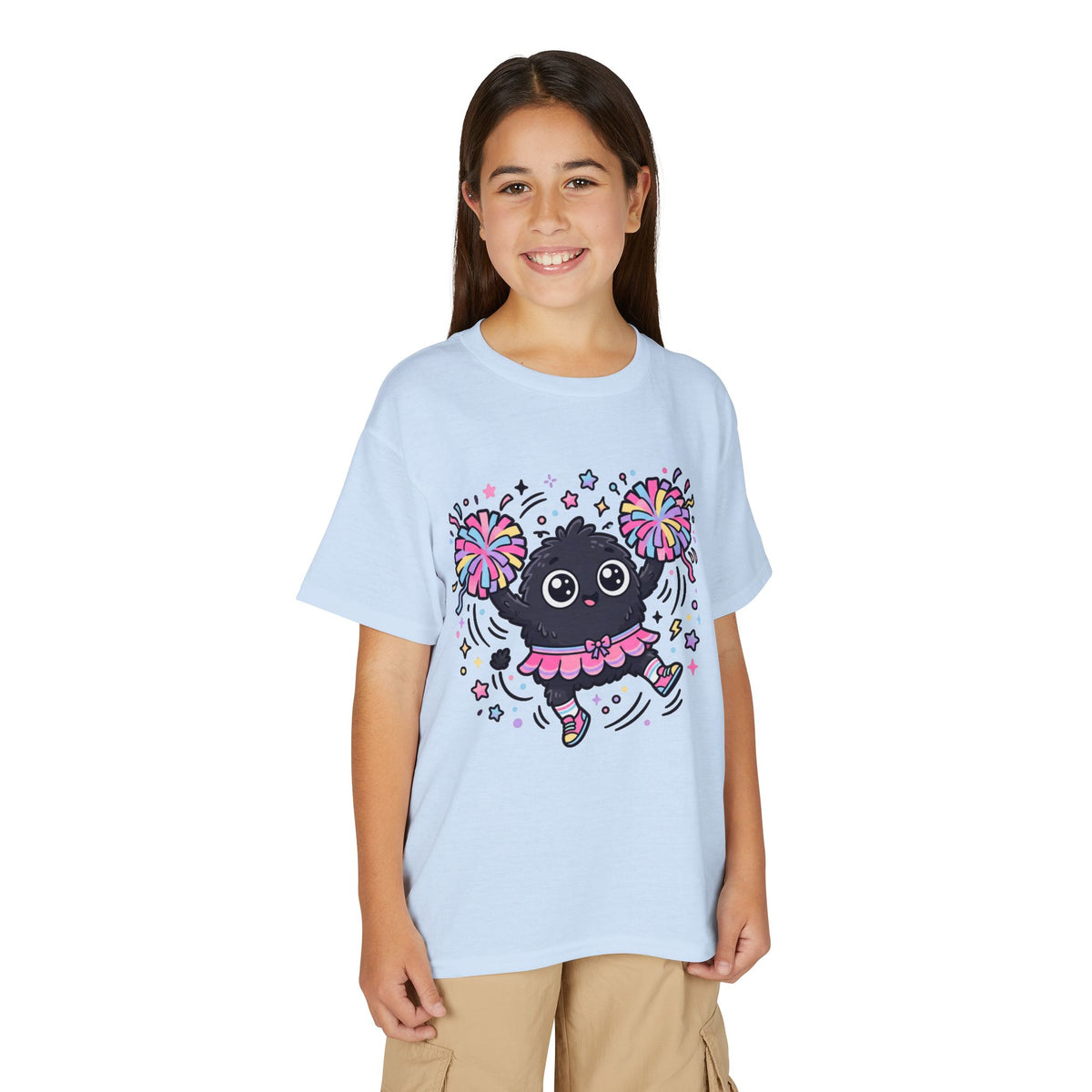 Cute Black Kitty Cheerleader Youth T-Shirt — Pom-Pom Dancing Cat Tee