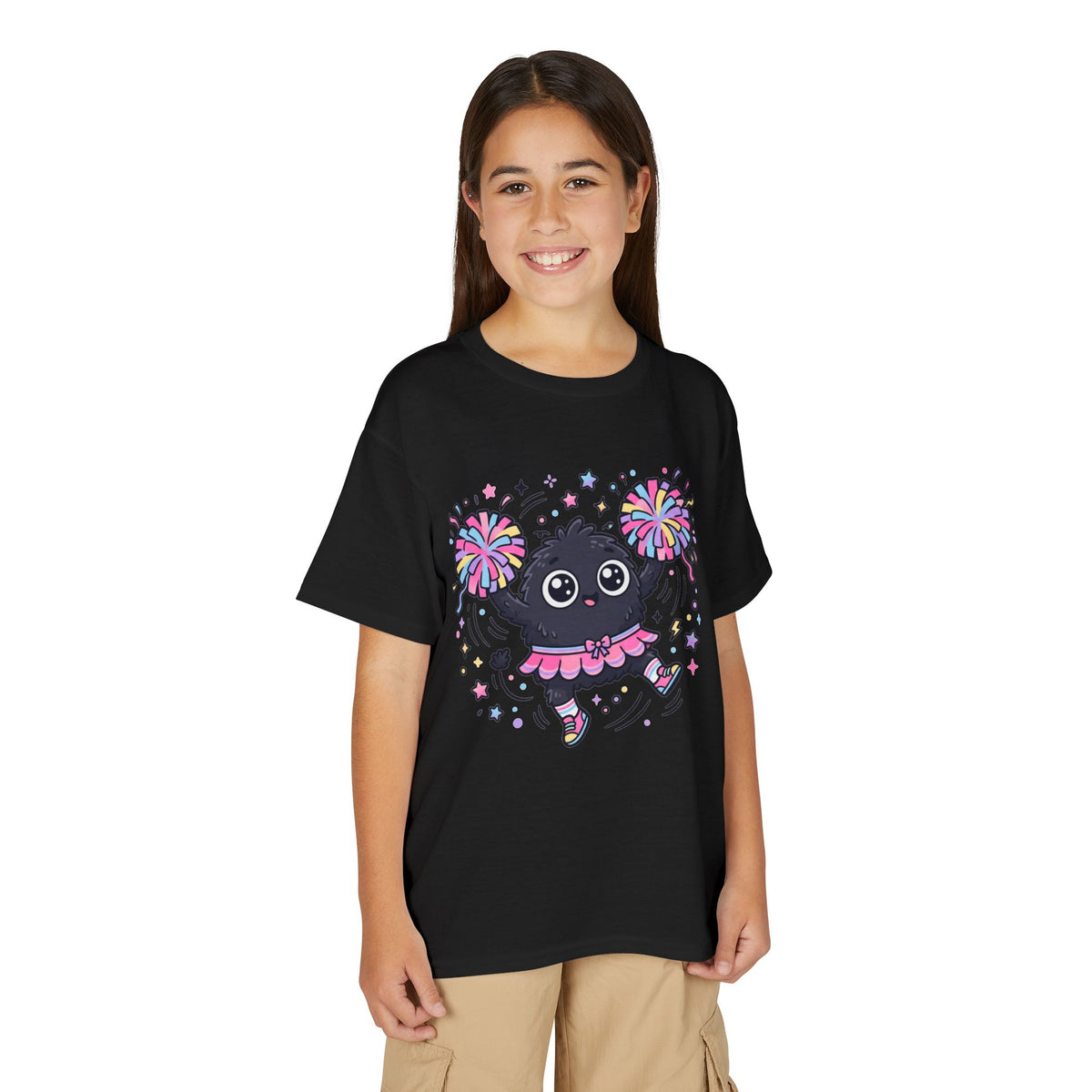 Cute Black Kitty Cheerleader Youth T-Shirt — Pom-Pom Dancing Cat Tee