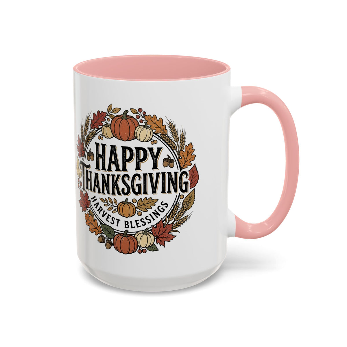 Happy Thanksgiving Accent Coffee Mug — "Harvest Blessings" Fall Pumpkin Wreath (11/15 oz)