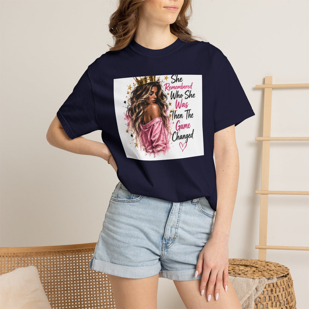 T-Shirt — 'She Remembered Who She Was' Empowerment Tee (Woman Portrait, Inspirational Quote)