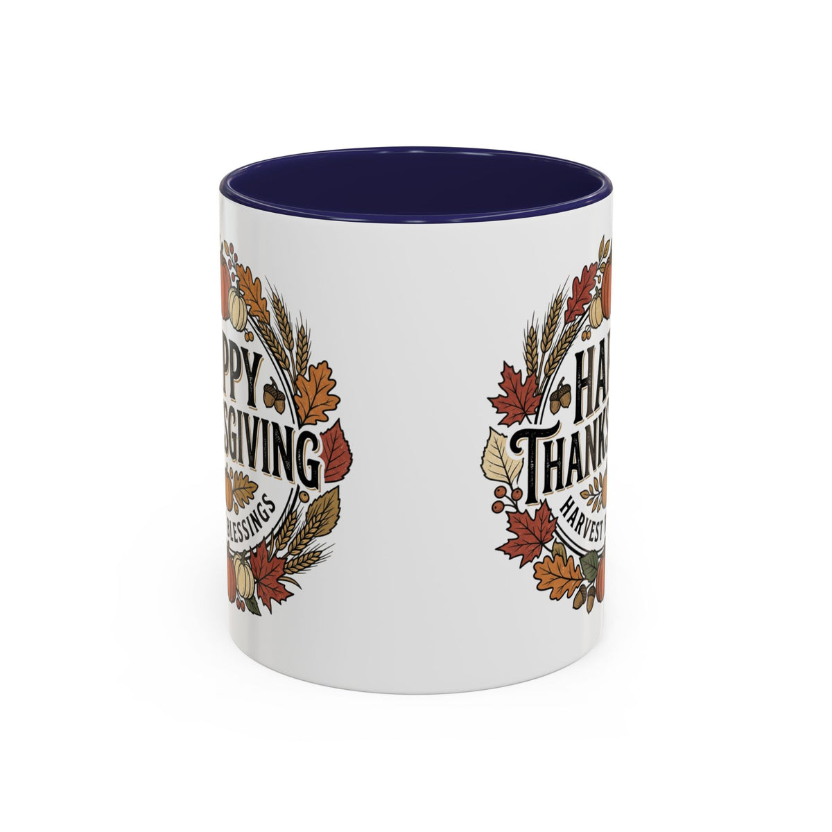 Happy Thanksgiving Accent Coffee Mug — "Harvest Blessings" Fall Pumpkin Wreath (11/15 oz)