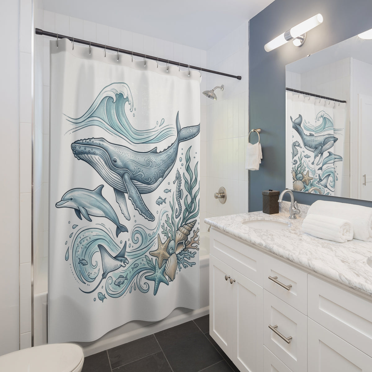 Ocean Life Shower Curtain — Blue Whale & Dolphin Nautical Bathroom Decor