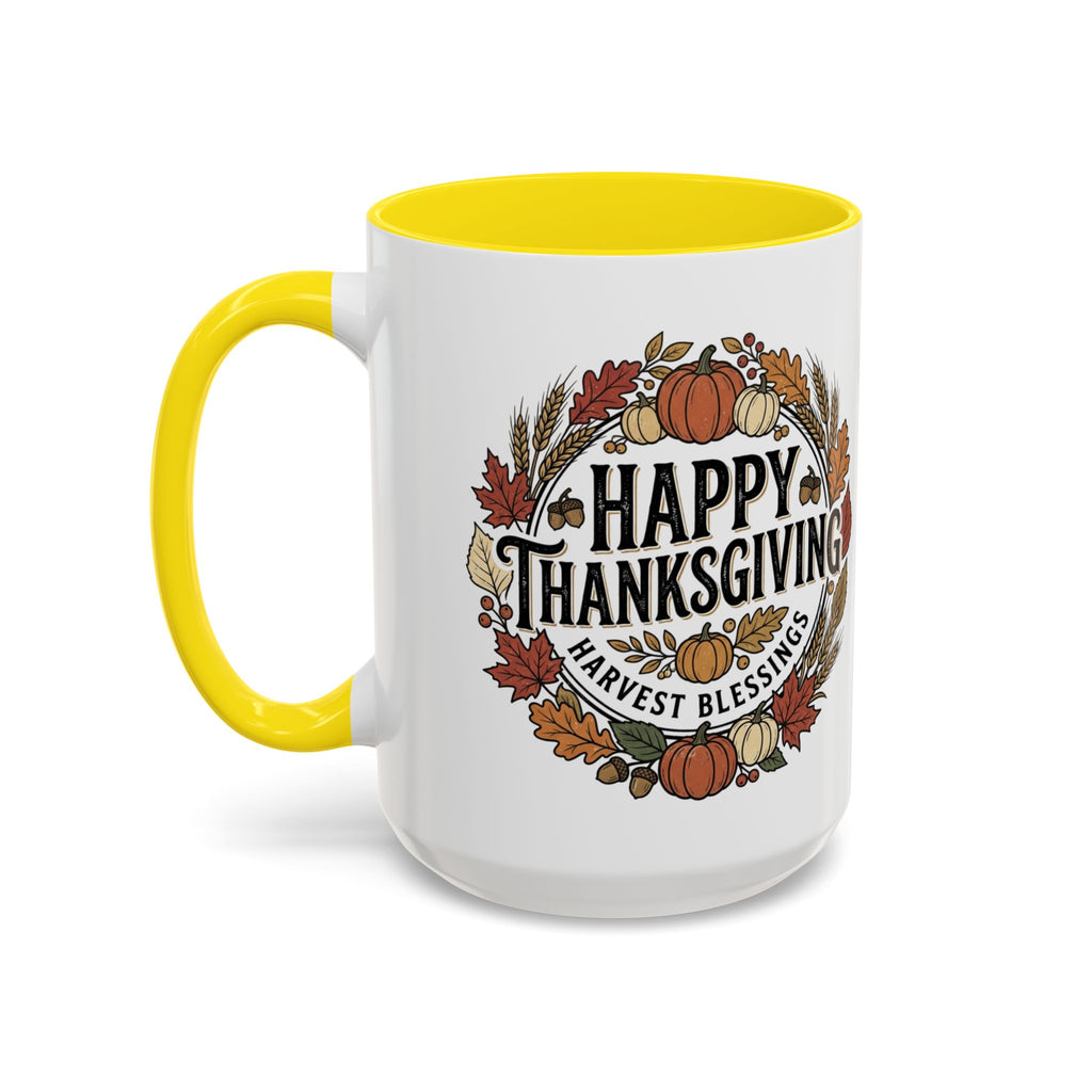 Happy Thanksgiving Accent Coffee Mug — "Harvest Blessings" Fall Pumpkin Wreath (11/15 oz)
