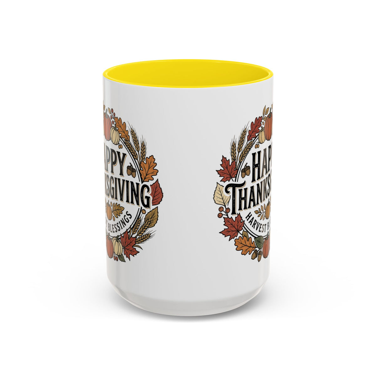Happy Thanksgiving Accent Coffee Mug — "Harvest Blessings" Fall Pumpkin Wreath (11/15 oz)