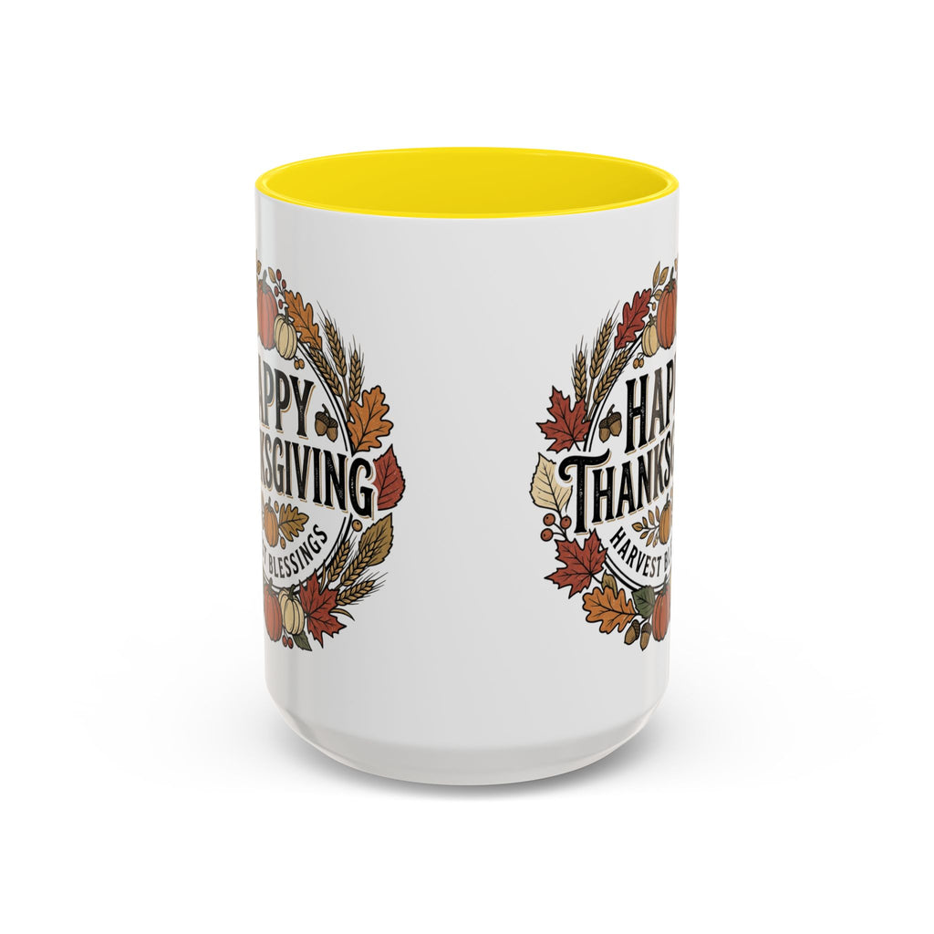 Happy Thanksgiving Accent Coffee Mug — "Harvest Blessings" Fall Pumpkin Wreath (11/15 oz)