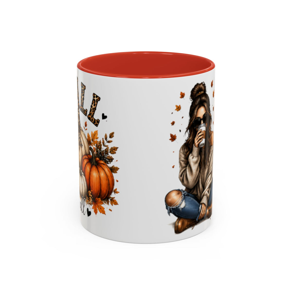 White mug with red interior, autumn pumpkin and woman drinking coffee graphic