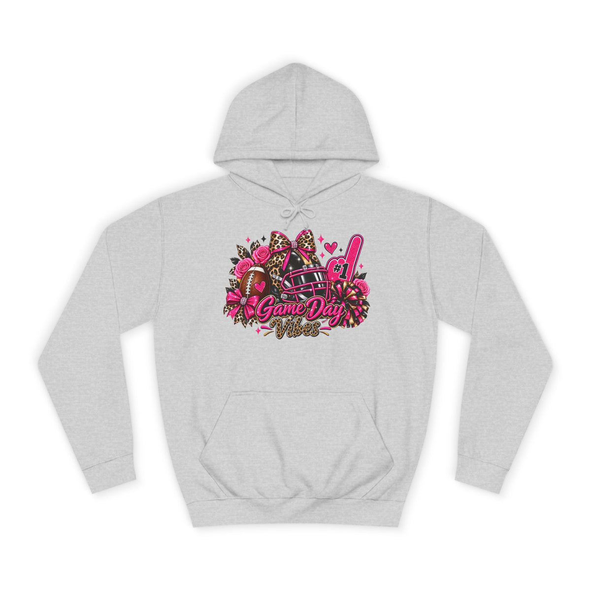 Printify Game Day Cheer Hoodie — Pink Football Floral Design, gray pullover hoodie with pink football, floral, pom pom, and game day front graphic
