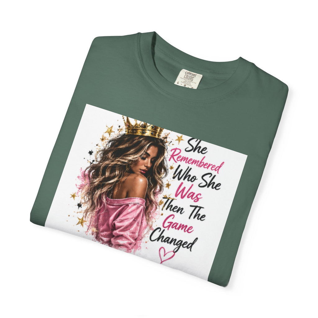T-Shirt — 'She Remembered Who She Was' Empowerment Tee (Woman Portrait, Inspirational Quote)