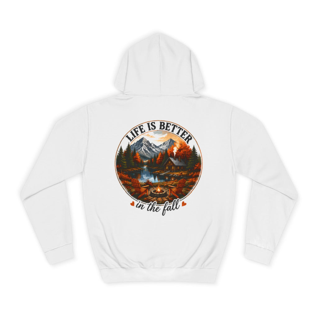 White pullover hoodie with back graphic panel, hood, drawstrings, and kangaroo pocket.