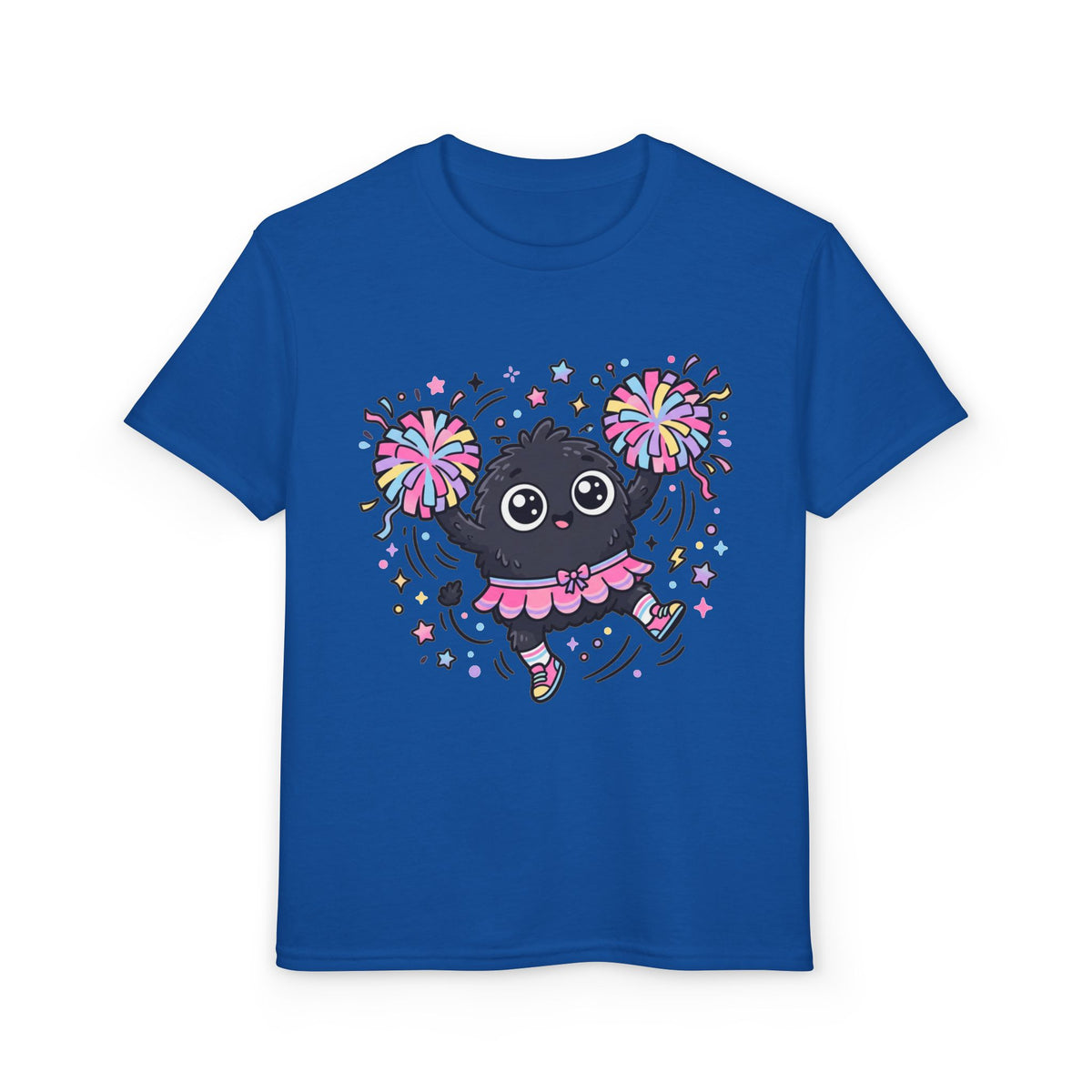 Cute Black Kitty Cheerleader Youth T-Shirt — Pom-Pom Dancing Cat Tee