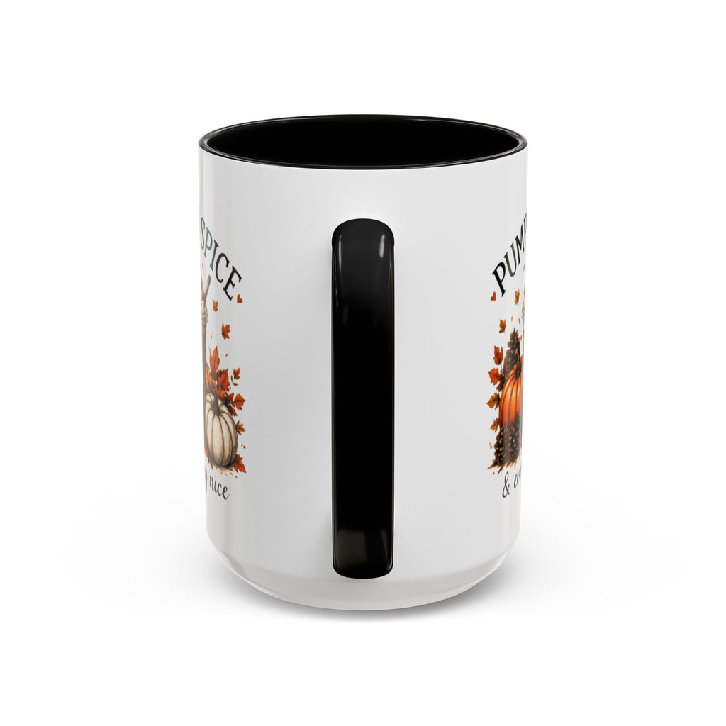 White coffee mug with black interior and black handle; Pumpkin Spice text design