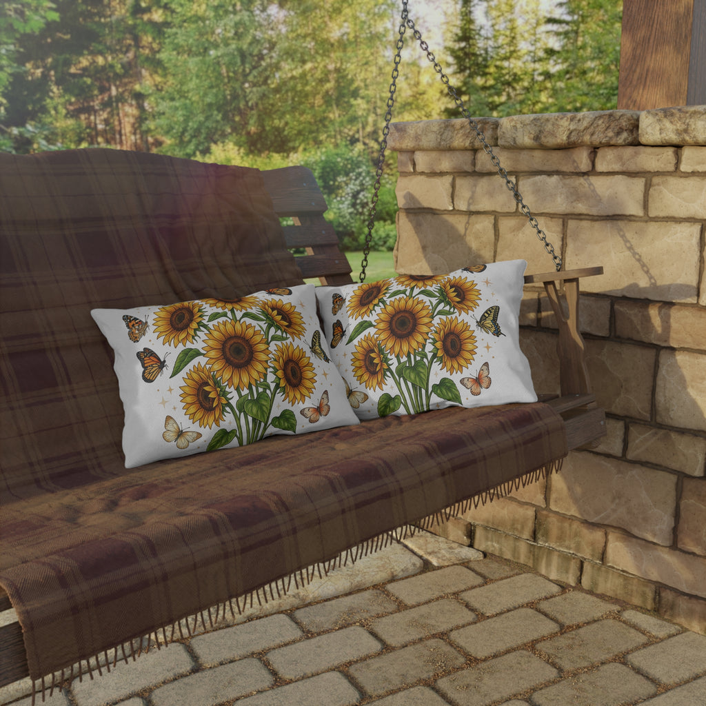Sunflower & Monarch Outdoor Pillow — Floral Butterfly Garden Accent