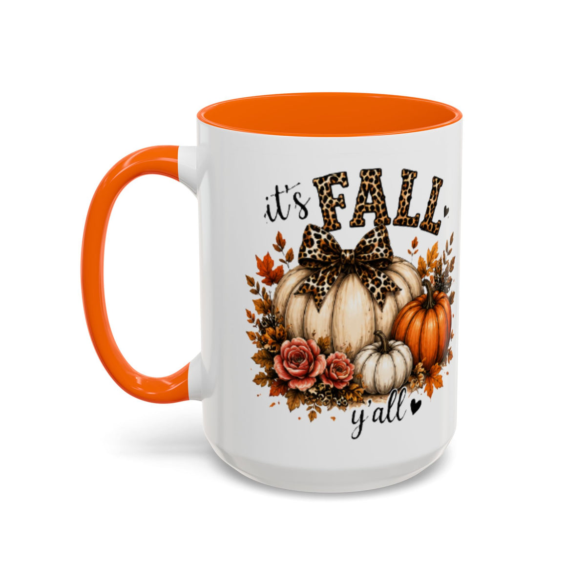 White ceramic coffee mug with orange handle and interior, “it’s FALL y’all” with pumpkins and flowers