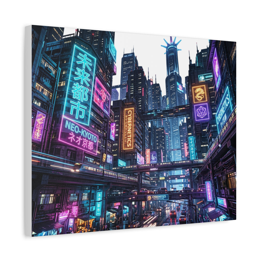 Neo-Kyoto Cyberpunk City Matte Canvas Print