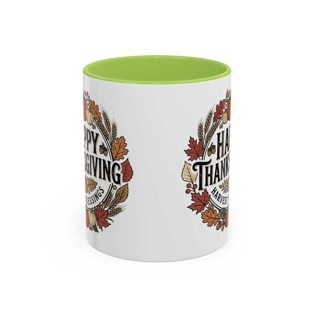 Happy Thanksgiving Accent Coffee Mug — "Harvest Blessings" Fall Pumpkin Wreath (11/15 oz)