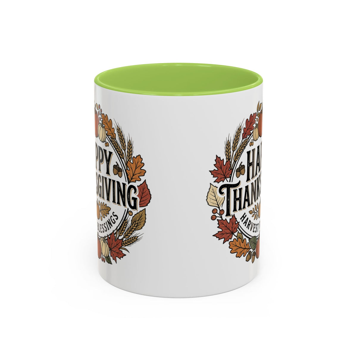 Happy Thanksgiving Accent Coffee Mug — "Harvest Blessings" Fall Pumpkin Wreath (11/15 oz)