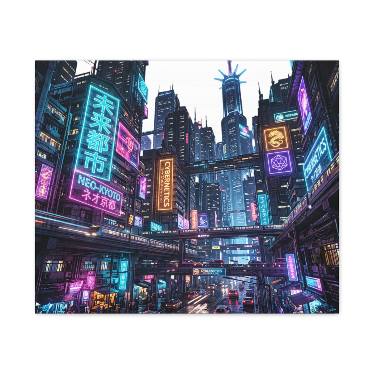 Neo-Kyoto Cyberpunk City Matte Canvas Print