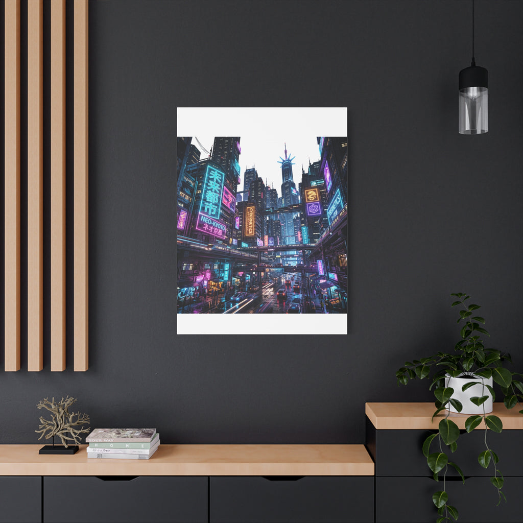 Neo-Kyoto Cyberpunk City Matte Canvas Print
