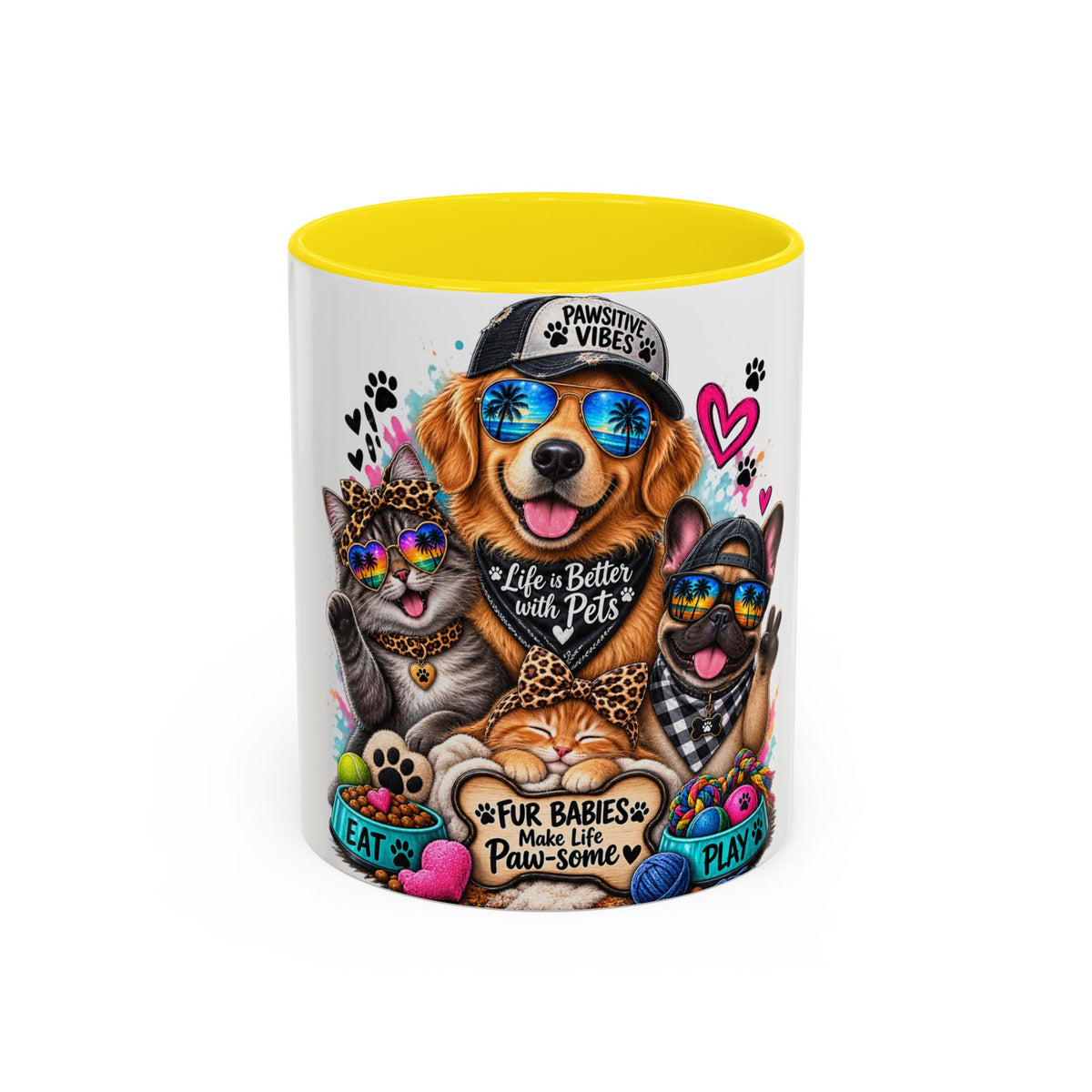 Coffee Mug — "Life is Better with Pets" Colorful Dog & Cat Paw-some Design (11/15 oz)