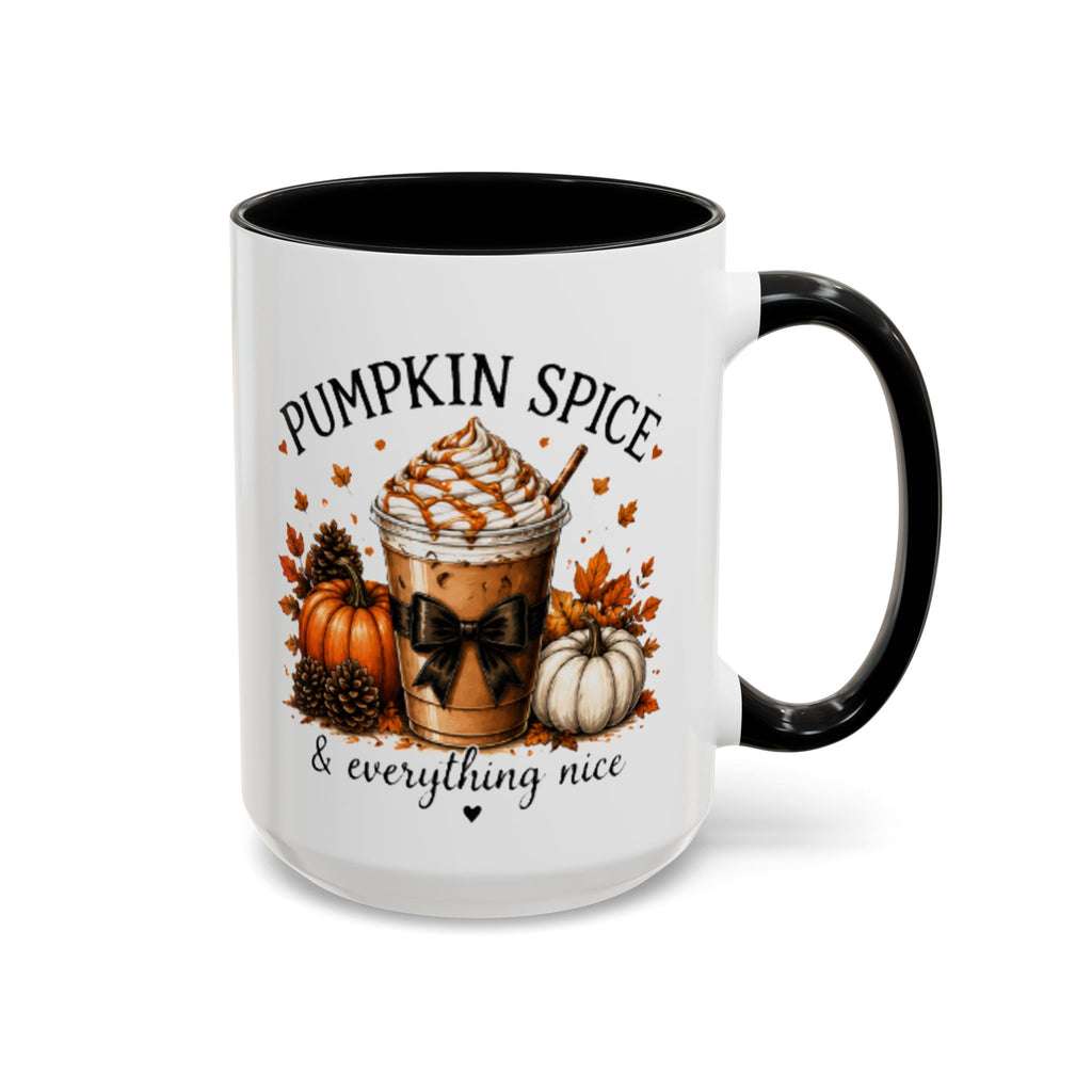 Coffee mug with black rim and handle; pumpkin spice coffee graphic with bow and fall leaves