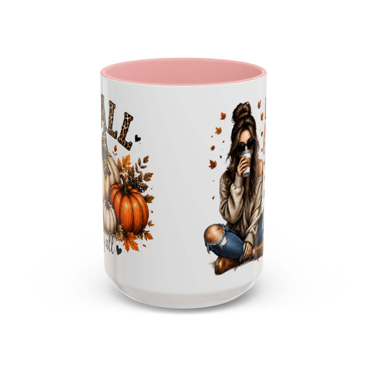 White mug with pink interior, autumn pumpkin and woman drinking coffee graphic