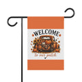 Autumn yard garden flag with orange border, Welcome text, pumpkin truck and sunflowers