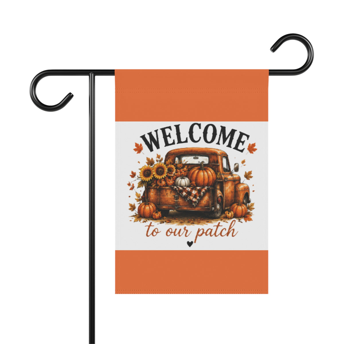 Autumn yard garden flag with orange border, Welcome text, pumpkin truck and sunflowers