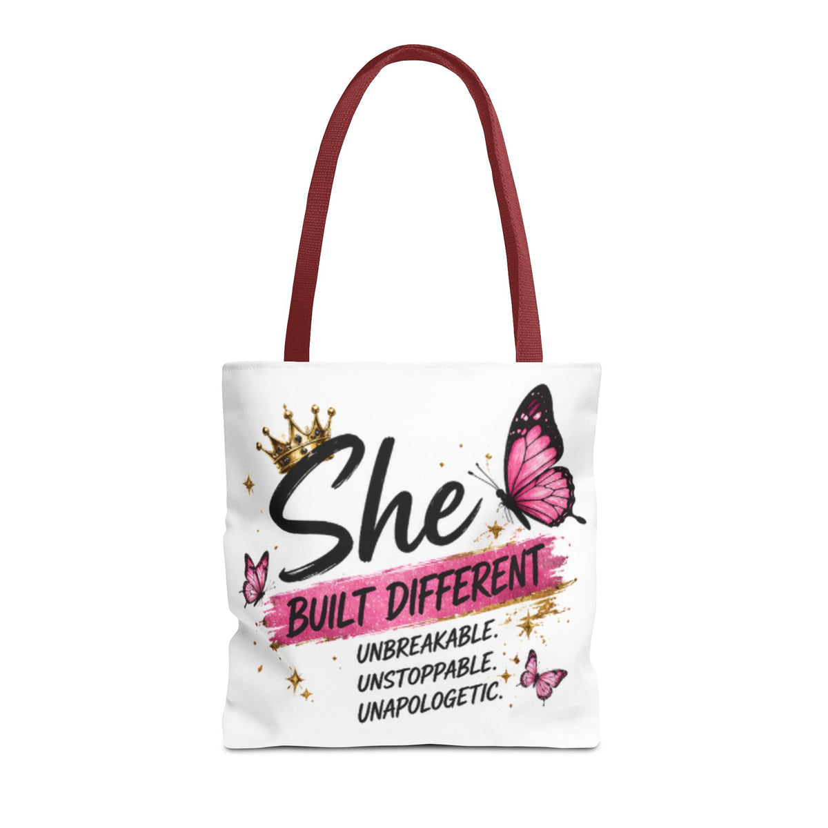 Maroon-handled graphic tote bag featuring 'She Built Different' text and butterfly design