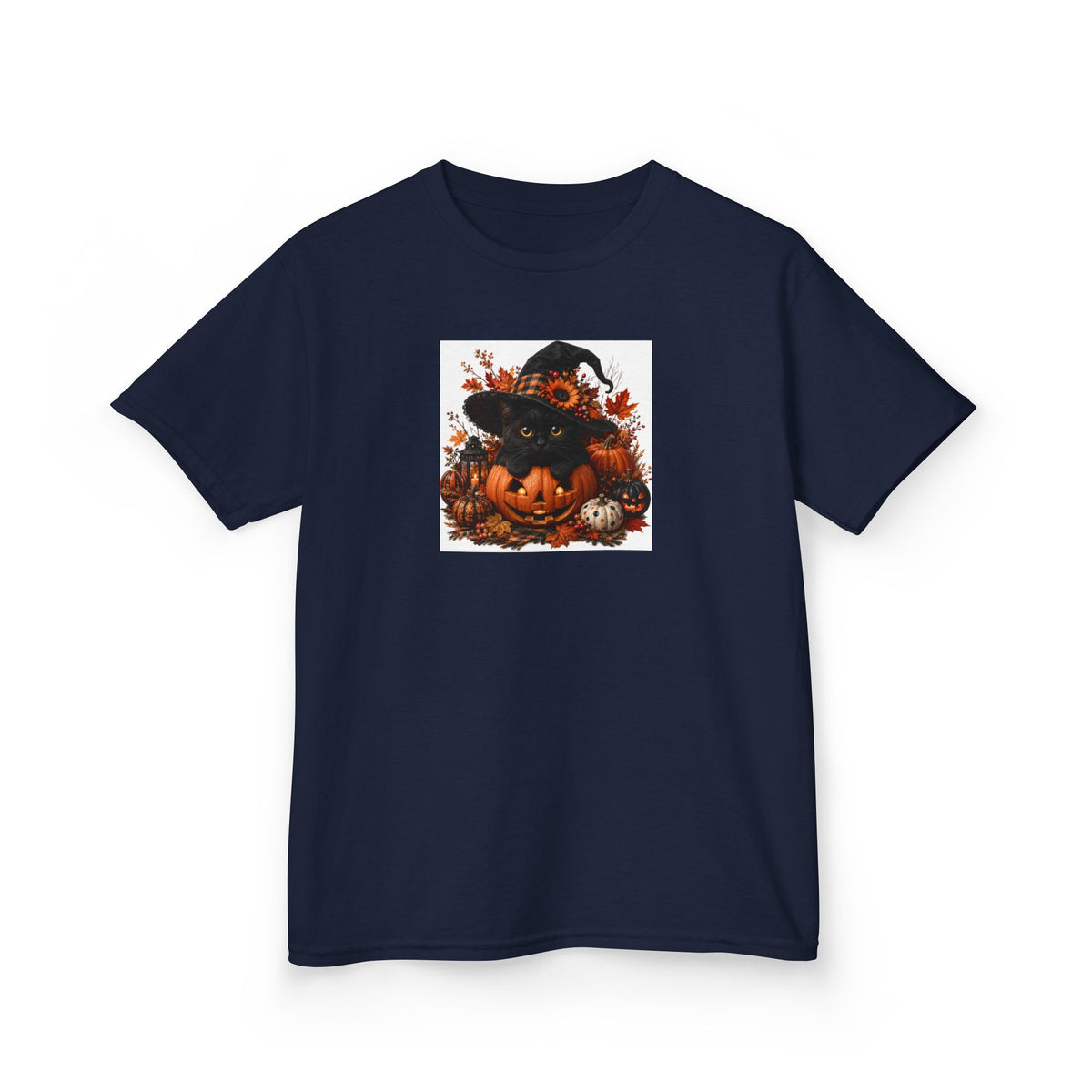 Kids Tee — Halloween Black Cat with Witch Hat & Pumpkins