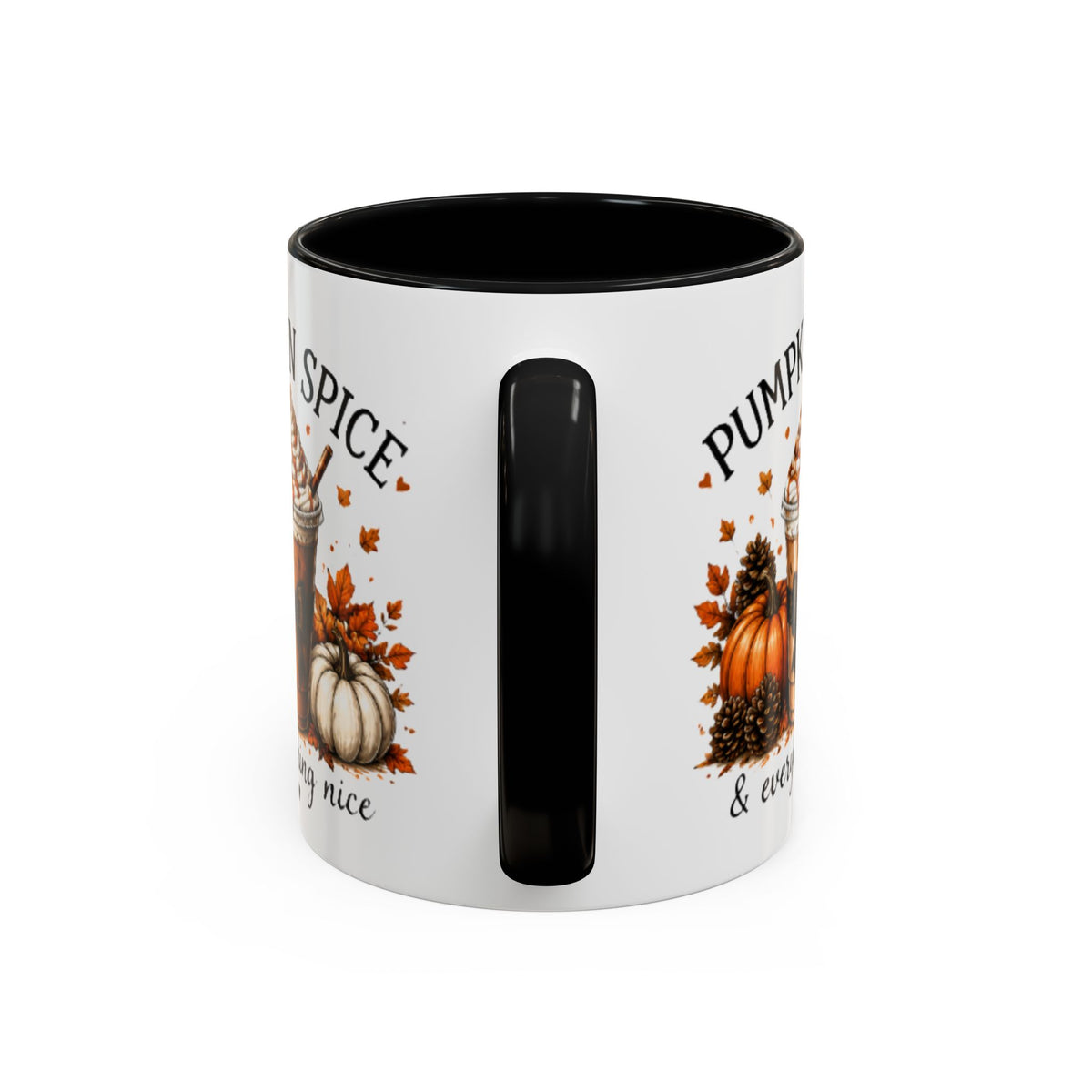 White coffee mug with black interior, black handle, and autumn pumpkin-spice print
