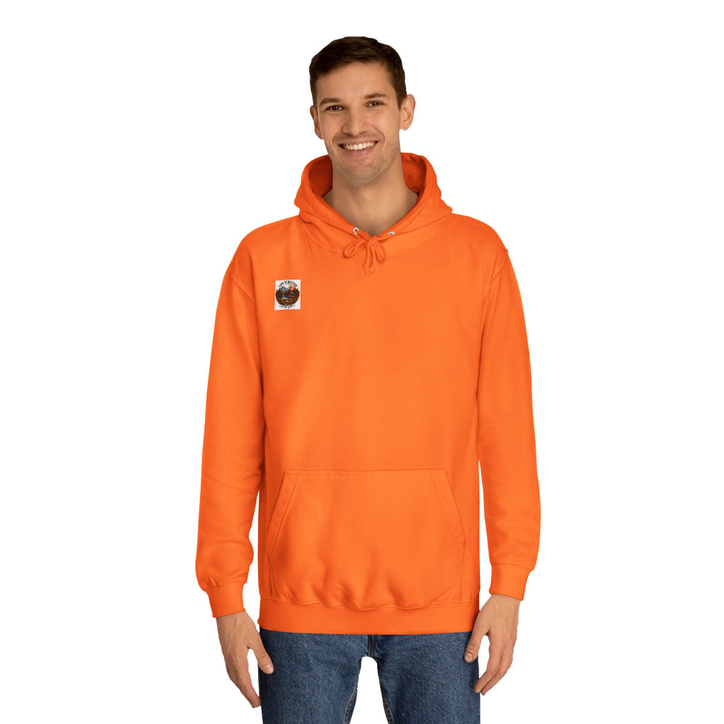 Orange pullover hoodie with hood, drawstrings, front kangaroo pocket, and chest logo patch.