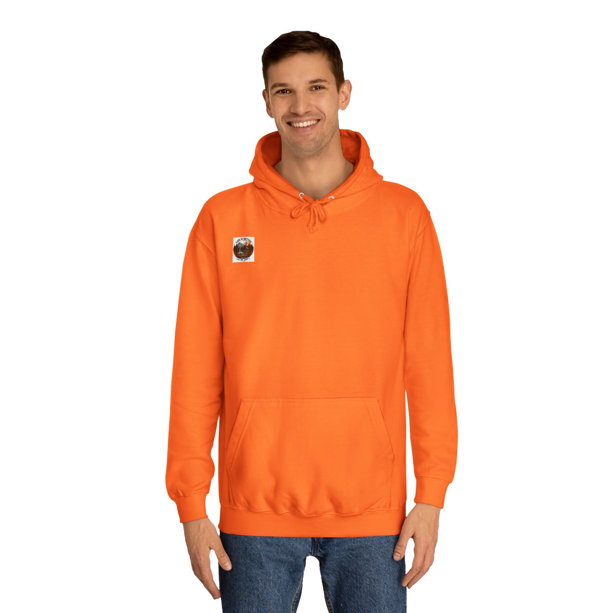 Orange pullover hoodie with hood, drawstrings, front kangaroo pocket, and chest logo patch.