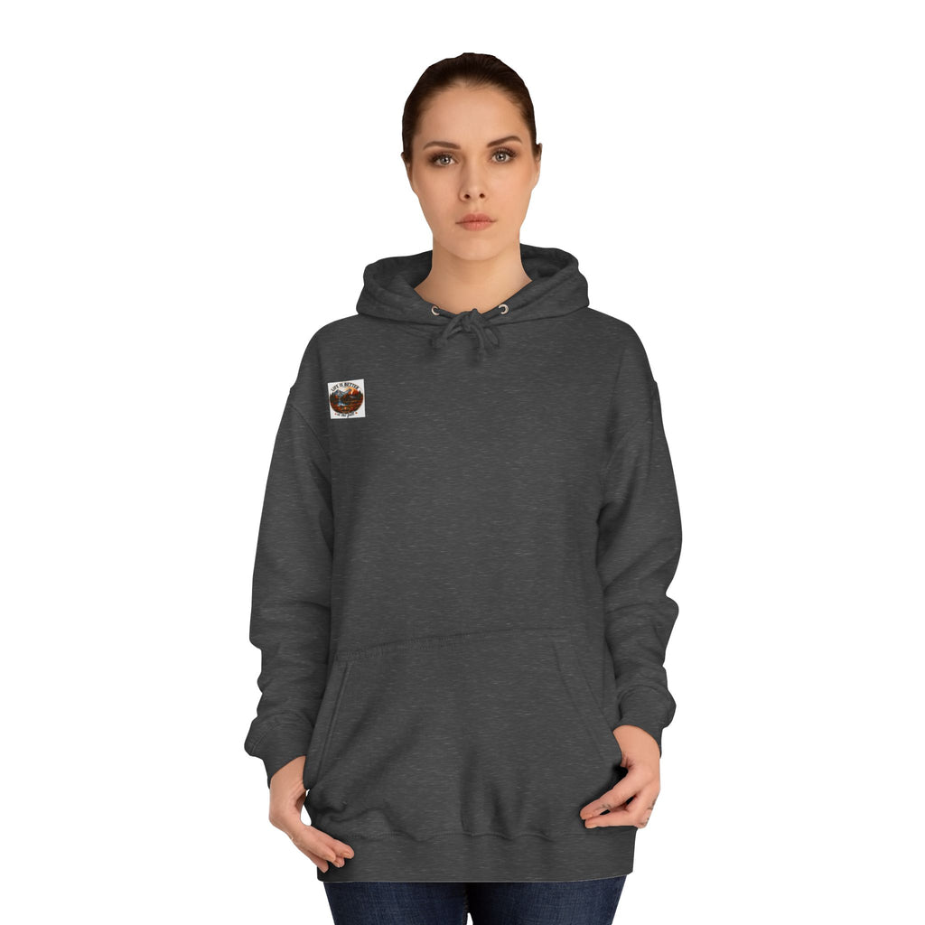 Charcoal pullover hoodie with hood and kangaroo pocket; small chest patch.