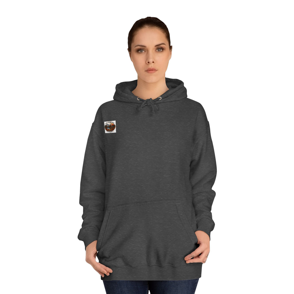Charcoal pullover hoodie with hood and kangaroo pocket; small chest patch.