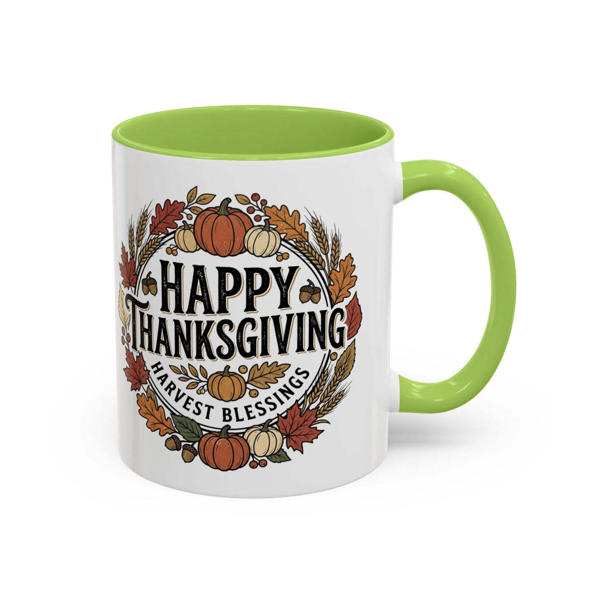 Happy Thanksgiving Accent Coffee Mug — "Harvest Blessings" Fall Pumpkin Wreath (11/15 oz)