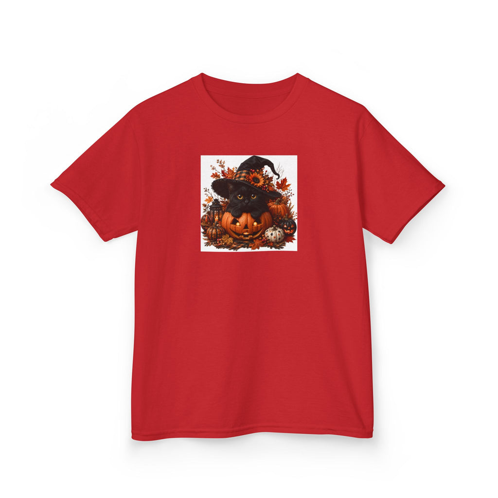 Kids Tee — Halloween Black Cat with Witch Hat & Pumpkins