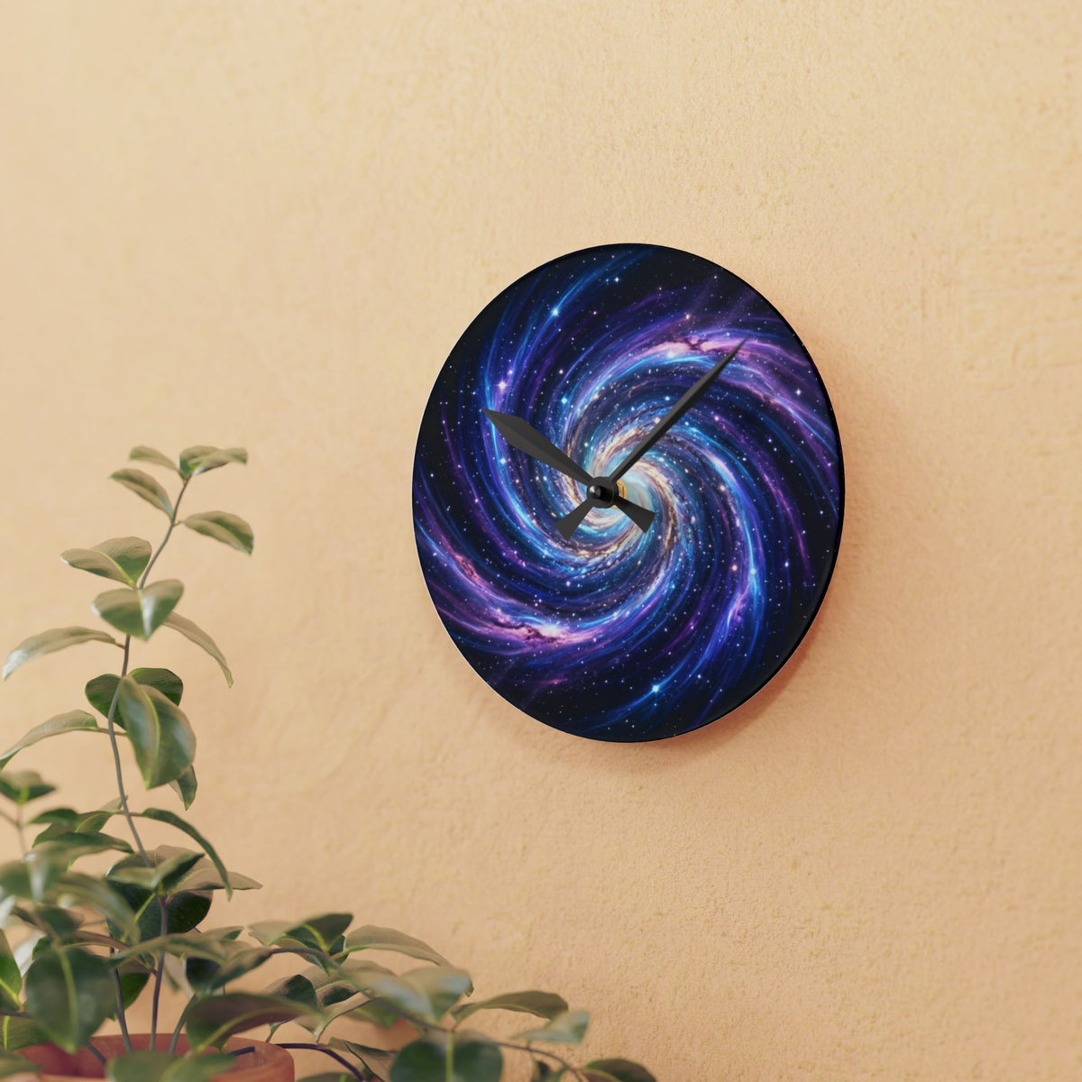 Galaxy Swirl Acrylic Wall Clock — Cosmic Space Spiral Home Decor