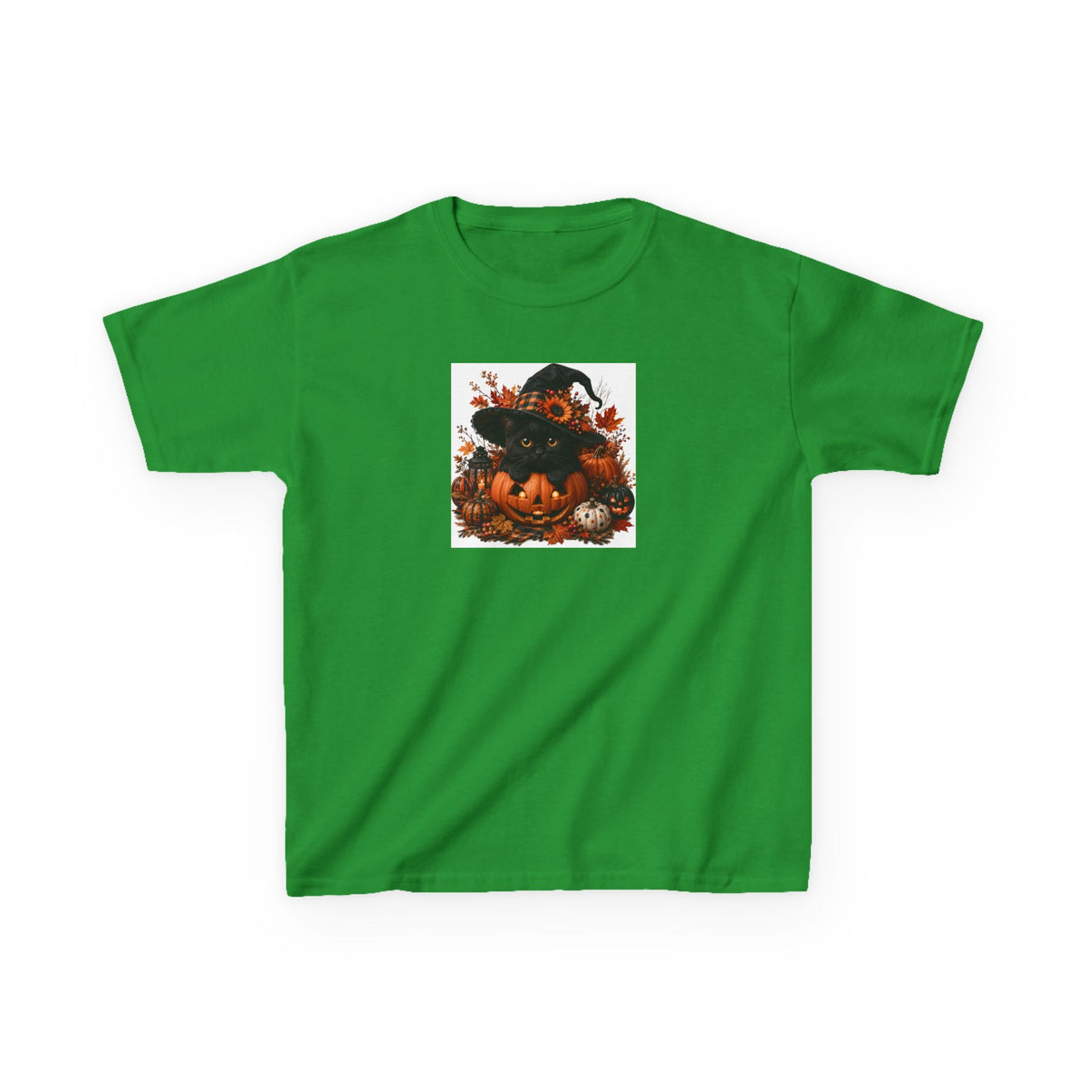 Kids Tee — Halloween Black Cat with Witch Hat & Pumpkins
