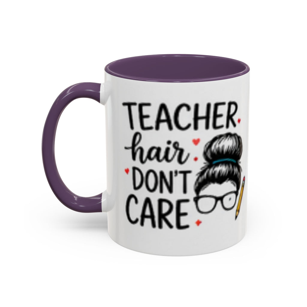Purple handle coffee mug featuring "TEACHER hair DON'T CARE" and teacher illustration