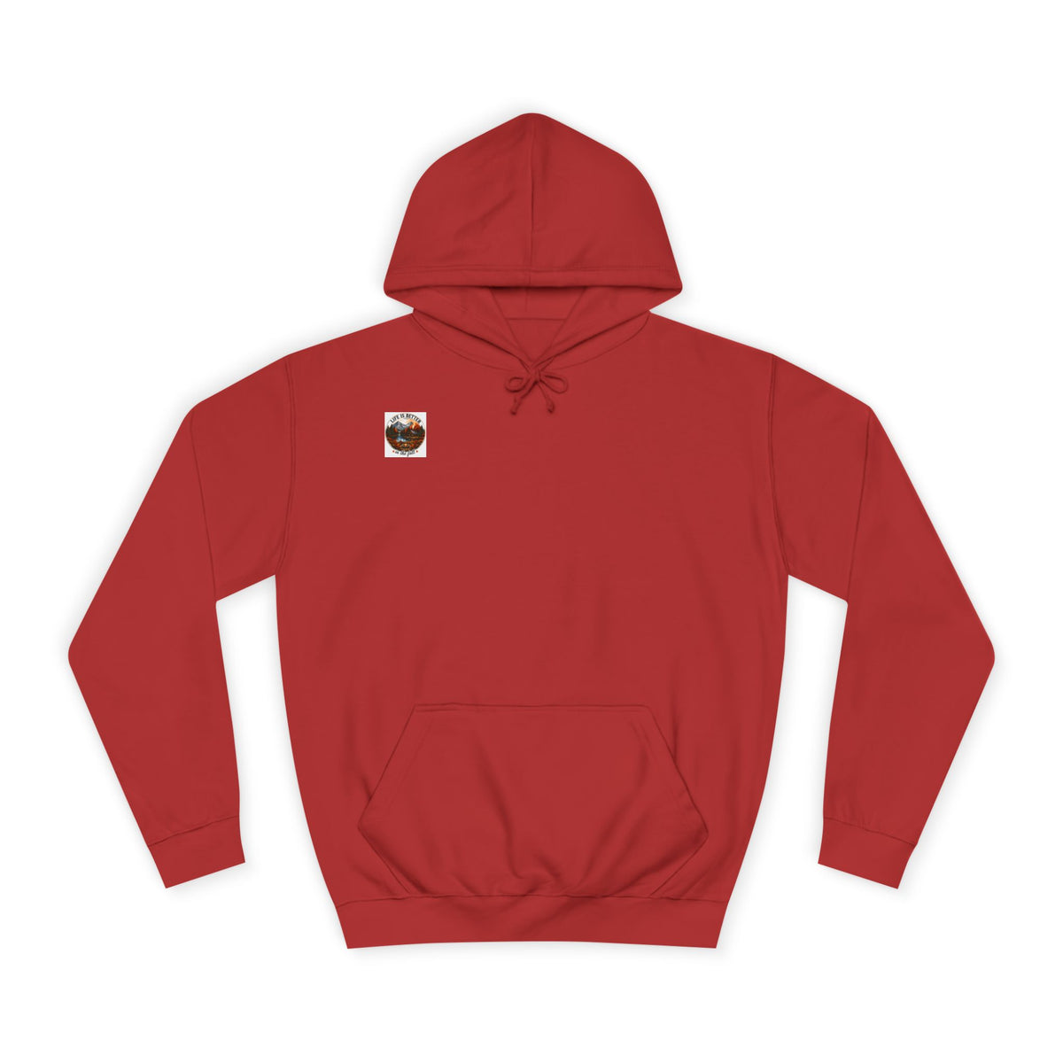 Red pullover hoodie with hood, drawstrings, kangaroo pocket, and small chest logo patch.