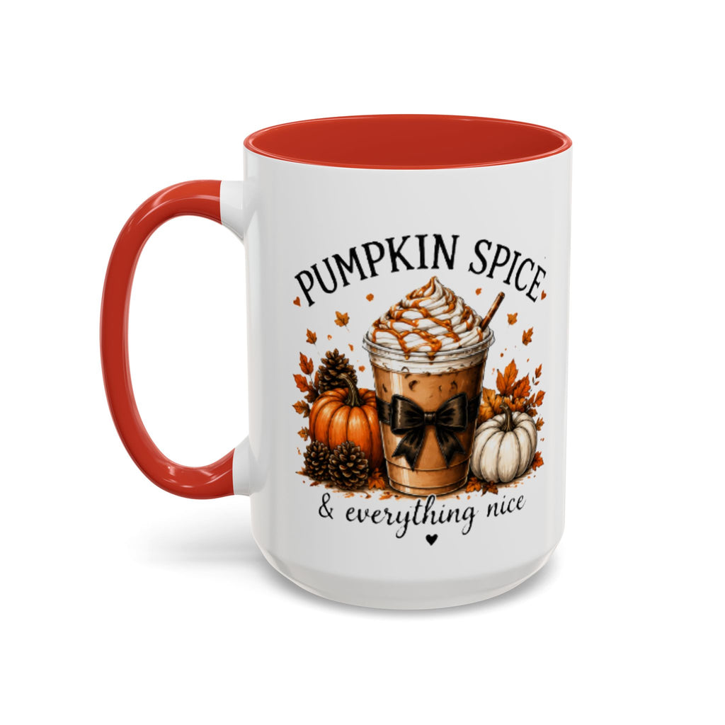 White coffee mug with orange handle and rim; Pumpkin Spice drink and fall-themed graphic