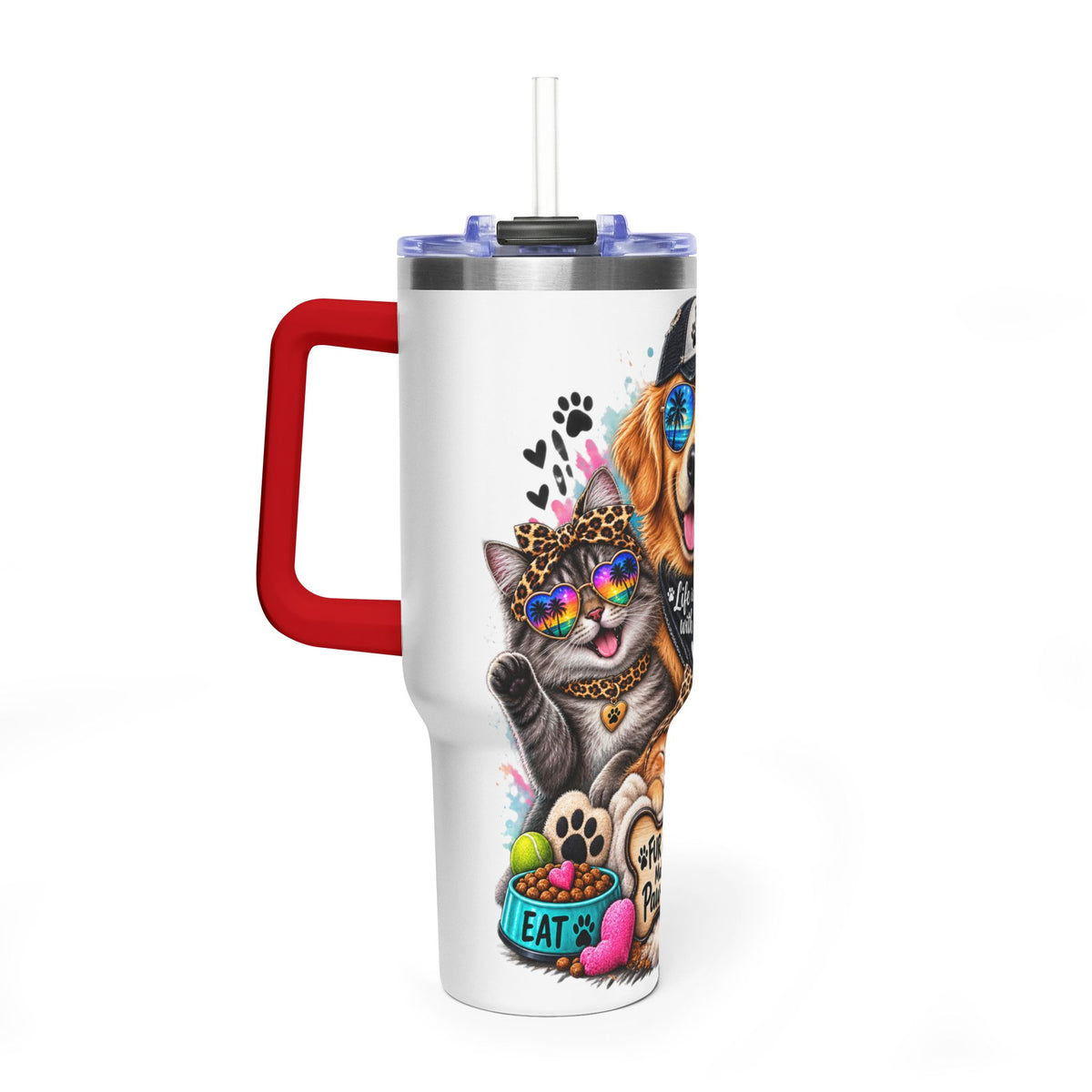 40oz Vacuum Tumbler — "Life is Better with Pets" Colorful Dog & Cat Travel Mug